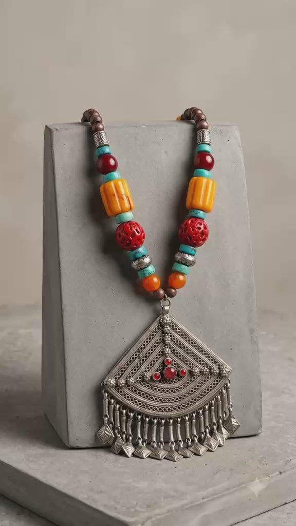 Handmade Ethnic Statement Necklace: Silver Pendant