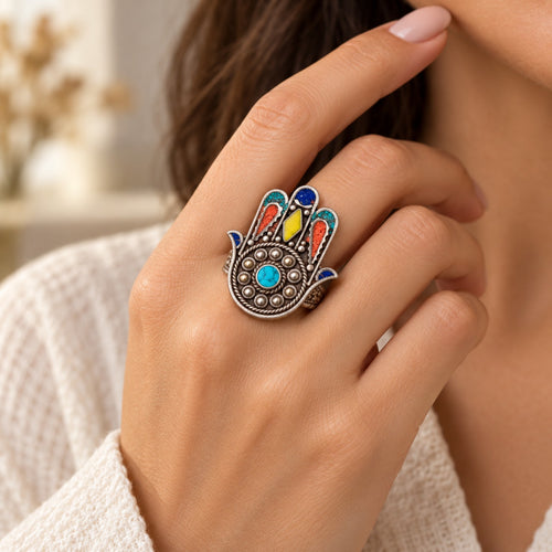 Adjustable Brass Statement Ring with Colorful Nepal Stone Inlays