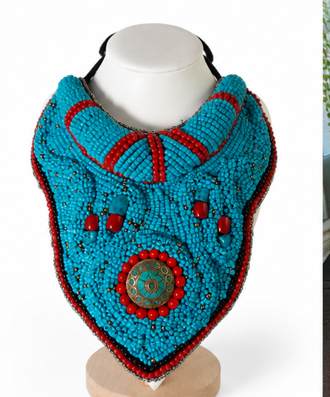 Boho Turquoise & Red Beaded Statement Necklace – Ethnic Tribal Bib Necklace with Vintage Medallion