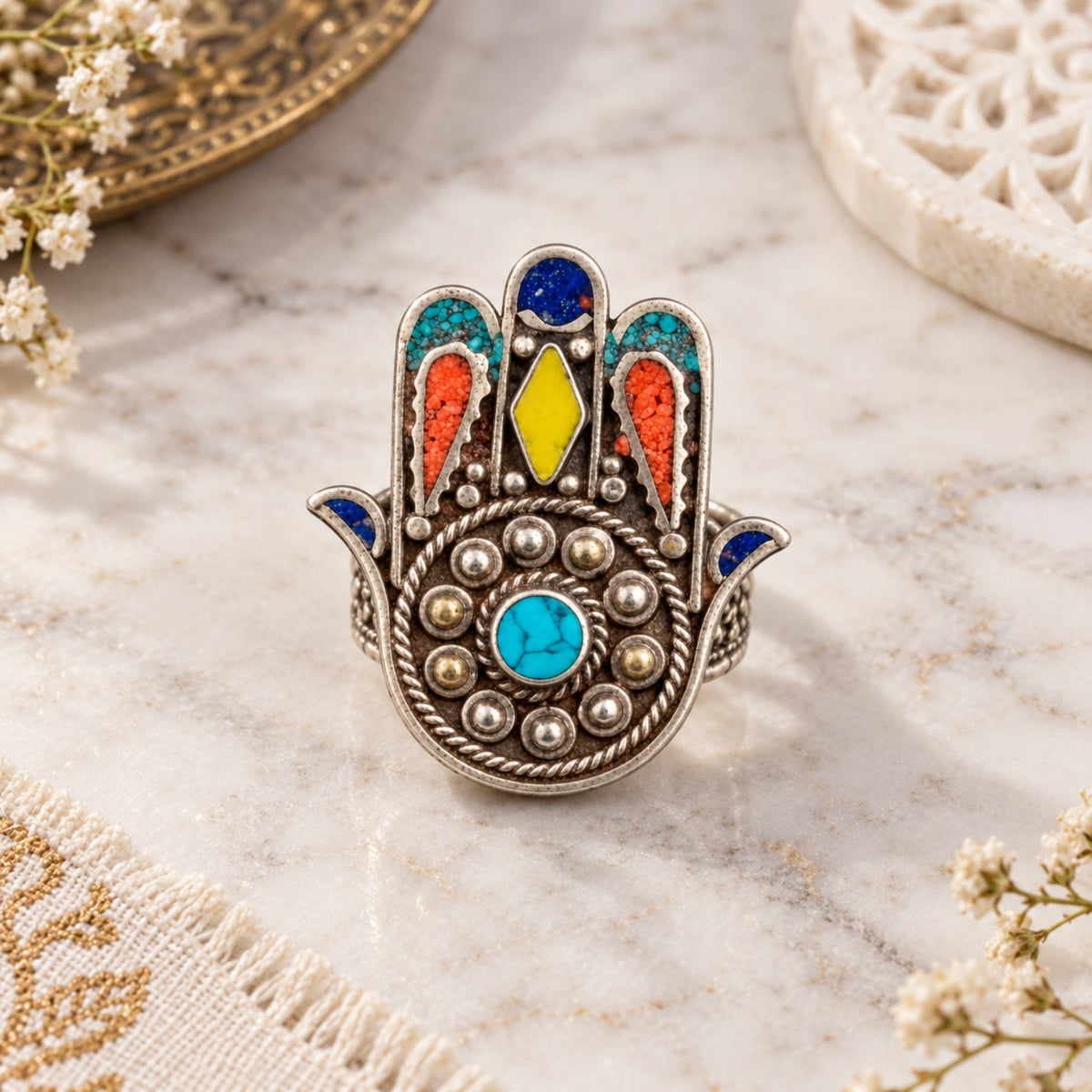Adjustable Brass Statement Ring with Colorful Nepal Stone Inlays