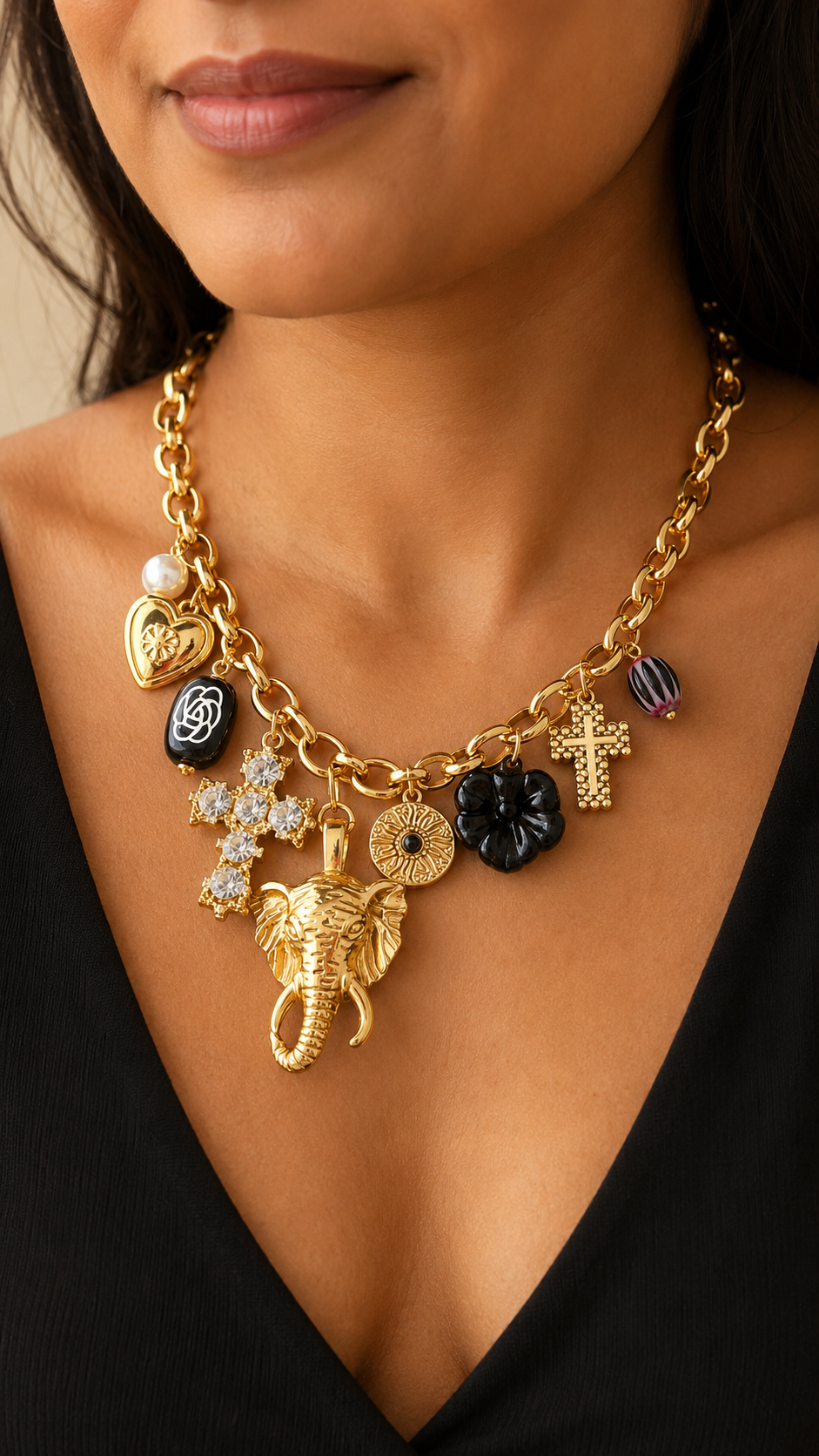 Gold Elephant Charm Necklace, Chunky Gold Chain Statement Necklace, Cross & Flower Charms, Boho Vintage Style Jewelry, Gift for Her