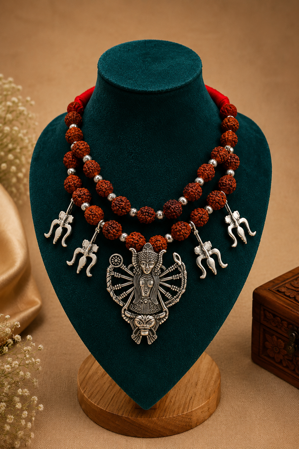 Goddess Durga Rudraksha Necklace: Oxidized Silver Trishul