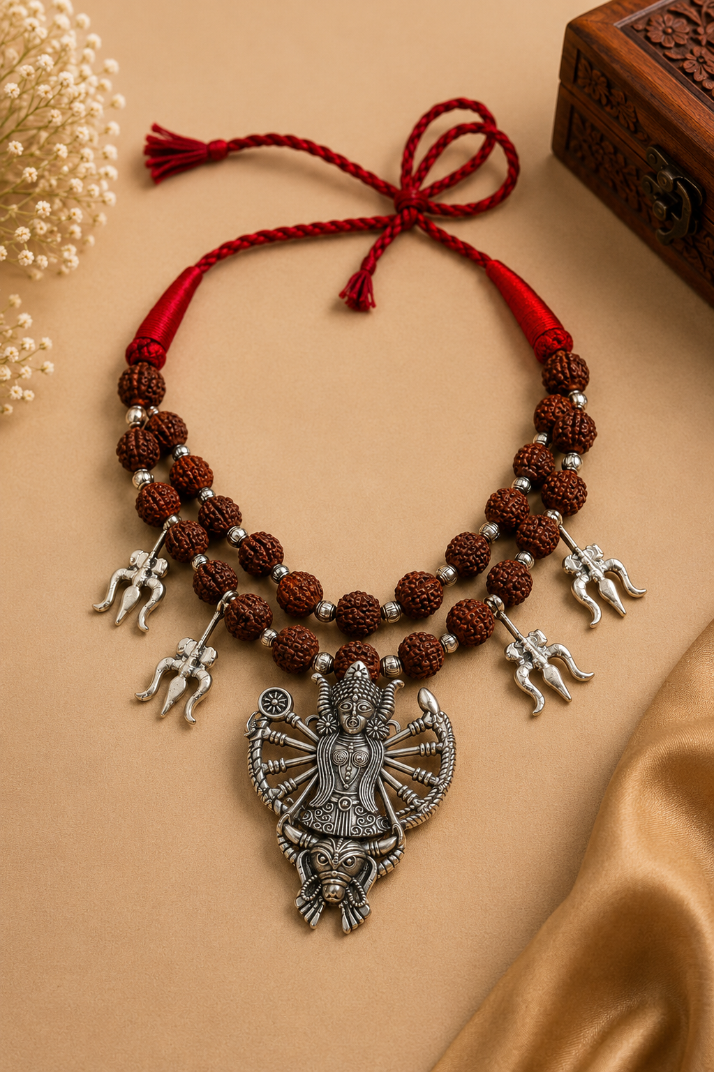 Goddess Durga Rudraksha Necklace: Oxidized Silver Trishul