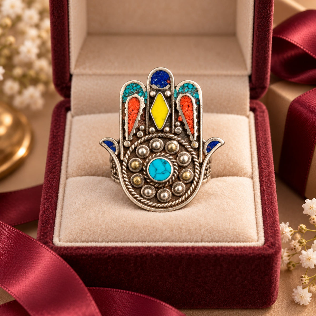 Adjustable Brass Statement Ring with Colorful Nepal Stone Inlays