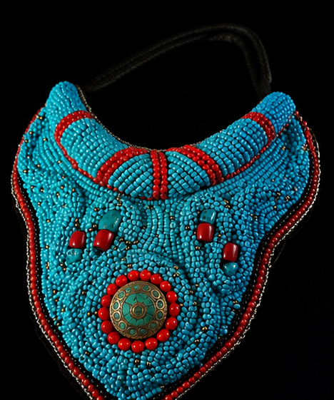 Boho Turquoise & Red Beaded Statement Necklace – Ethnic Tribal Bib Necklace with Vintage Medallion