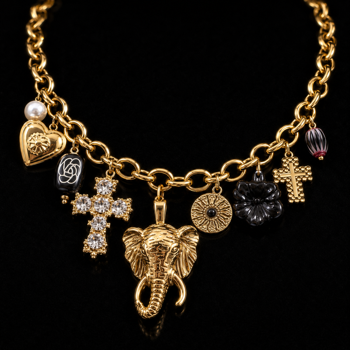Gold Elephant Charm Necklace, Chunky Gold Chain Statement Necklace, Cross & Flower Charms, Boho Vintage Style Jewelry, Gift for Her