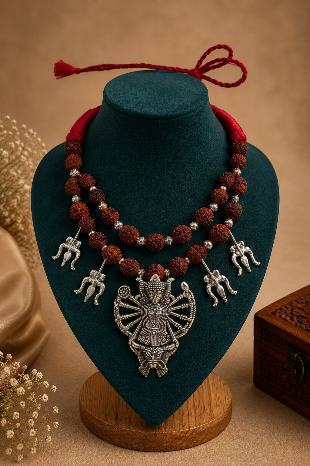 Goddess Durga Rudraksha Necklace: Oxidized Silver Trishul