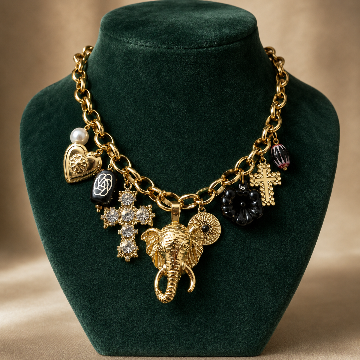 Gold Elephant Charm Necklace, Chunky Gold Chain Statement Necklace, Cross & Flower Charms, Boho Vintage Style Jewelry, Gift for Her