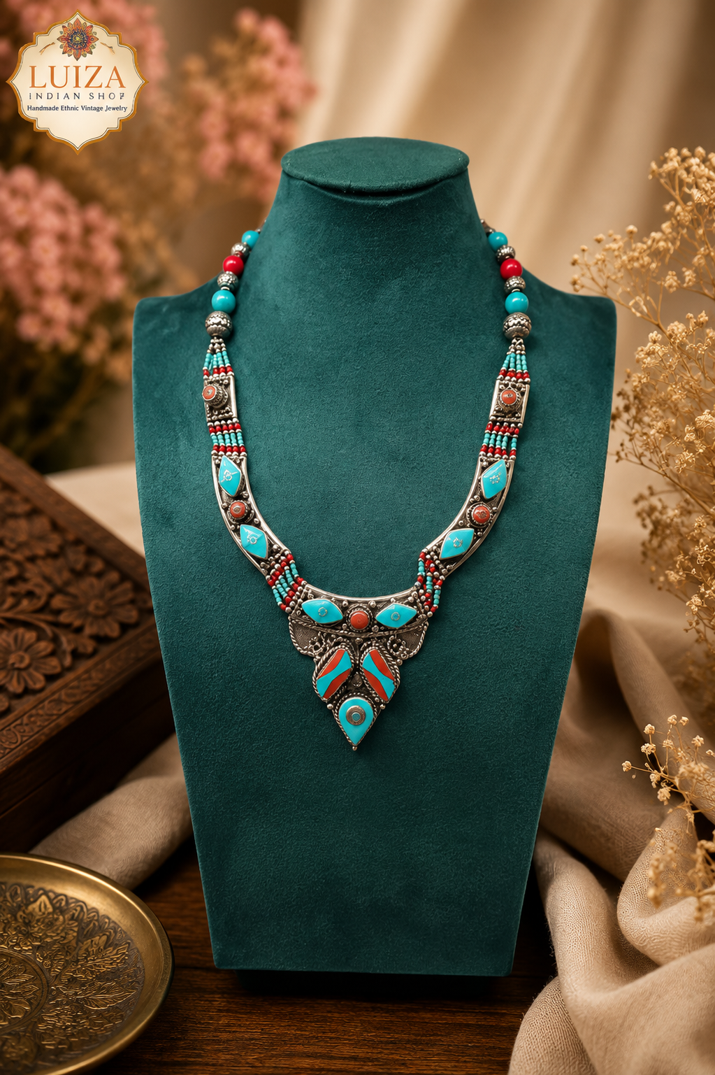 Handmade Tibetan Turquoise Necklace: Ethnic Vintage Jewelry